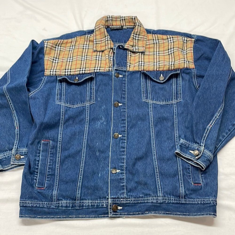 Burberry Blue Denim Jacket with Beige Vintage Check Yoke